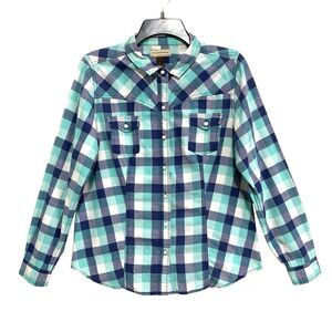 Bit & Bridle Western Top Womens Large Teal Navy White Button-Up Buffalo Plaid